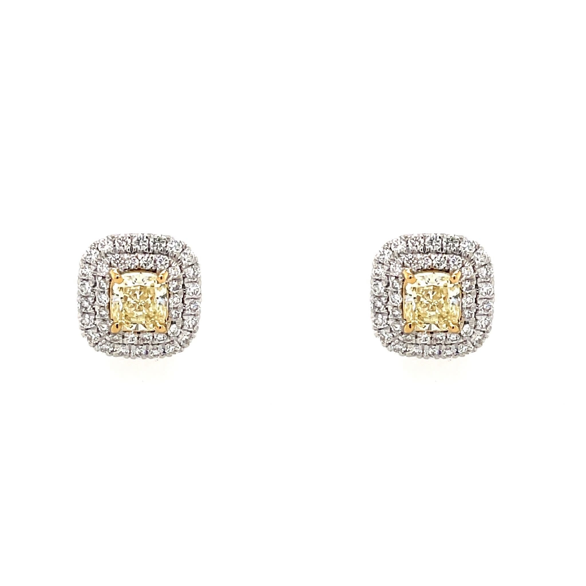 30490 18K 1CT CUSHION CUT YELLOW DIAMONDS WITH H VS1 DOUBLE HALO STUDS