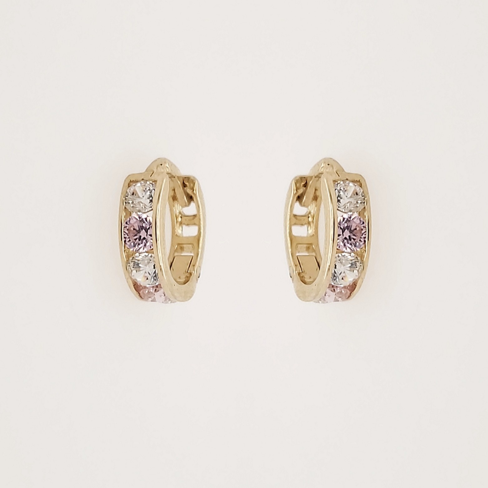 30489 14K YELLOW GOLD WHITE AND PINK CUBIC ZIRCONIA BEZEL SET SMALL HUGGIES