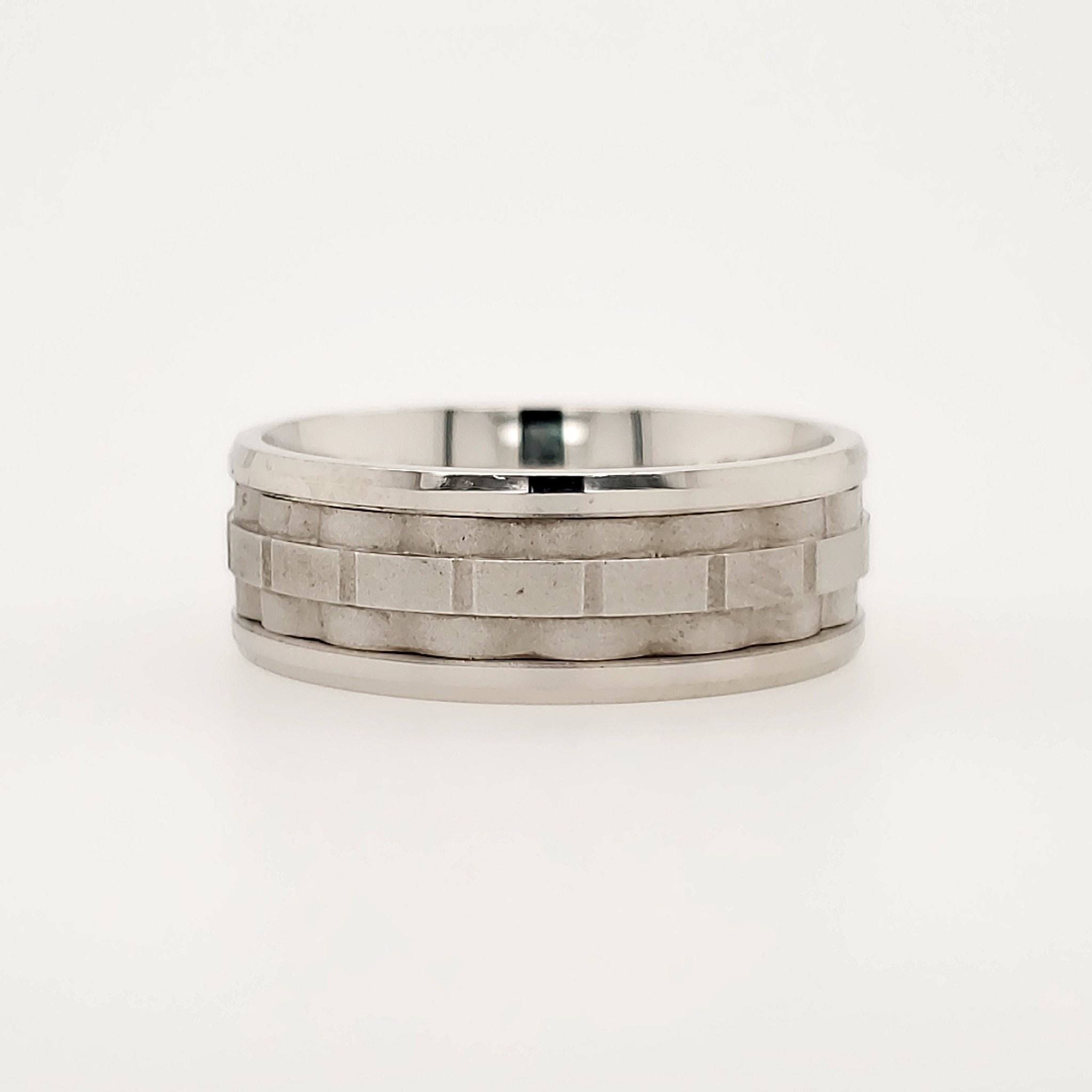475414 BENCHMARK 14K 7.75MM WHITE GOLD / SATIN BASKET WEAVE DESIGN -POLISHED EDGES (SIZE 10)
