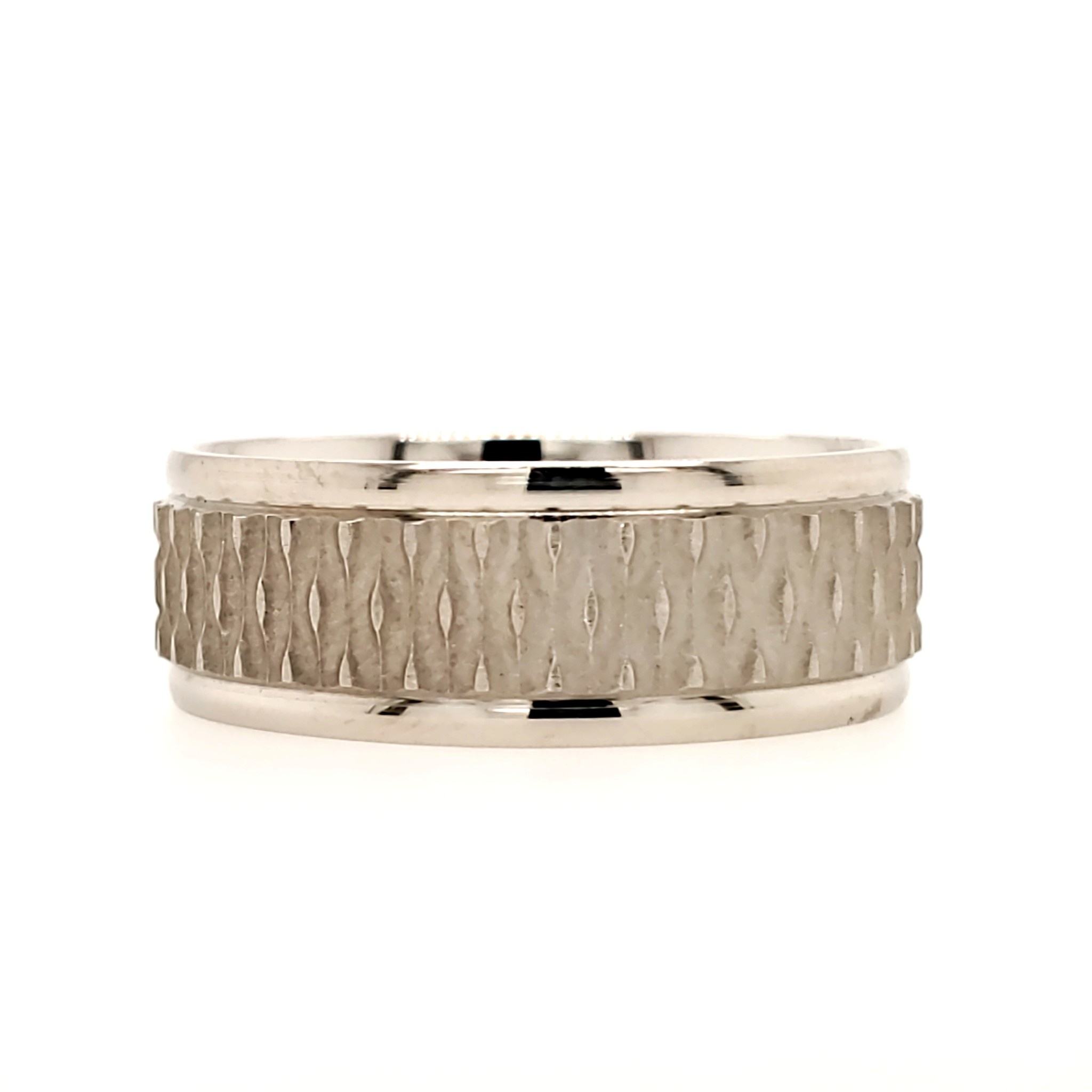 475410 BENCHMARK 14K 8MM WHITE GOLD /ROUGH TEXTURED SATIN CENTER-HIGH POLISHED EDGES (SIZE 10)