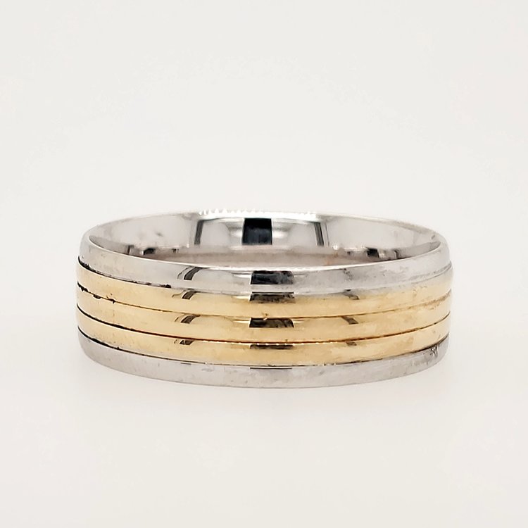 475187 14K 7MM TWO TONE /HIGH POLISH-MULTIPLE INDENTED LINES (SIZE 10)