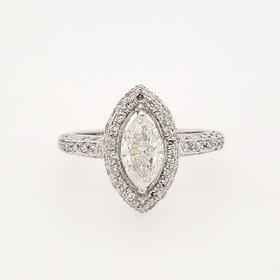 40441 14K WHITE GOLD .82TCW MARQUIS J SI1 DIAMOND CENTER WITH .65TCW HALO AND SHANK ENGAGEMENT RING