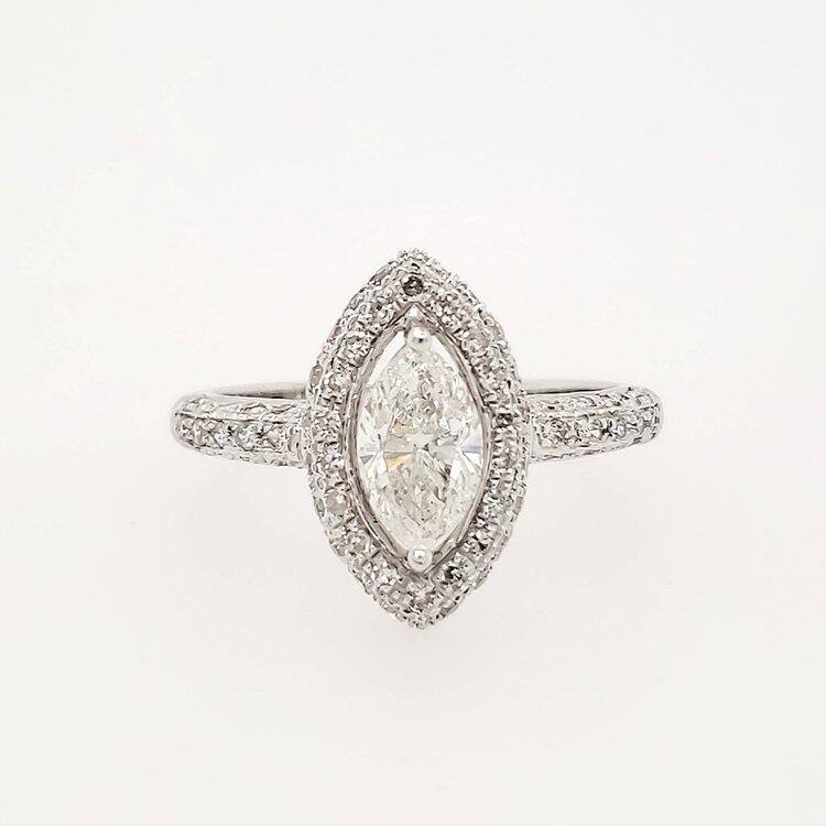 40441 14K WHITE GOLD .82TCW MARQUIS J SI1 DIAMOND CENTER WITH .65TCW HALO AND SHANK ENGAGEMENT RING