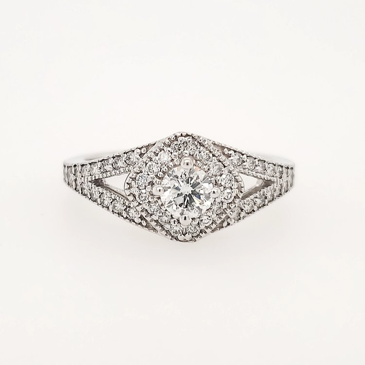 475336 14K WHITE GOLD .34TCW DIAMOND ROUND CENTER MILGRAIN SPLIT SHANK DESIGN ANTIQUE ENGAGEMENT RING