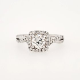 476586 18K WHITE GOLD .56TCW H SI1 ROUND DIAMOND CENTER CUSHION HALO .23TCW TWISTED SHANK DESIGN ENGAGEMENT RING
