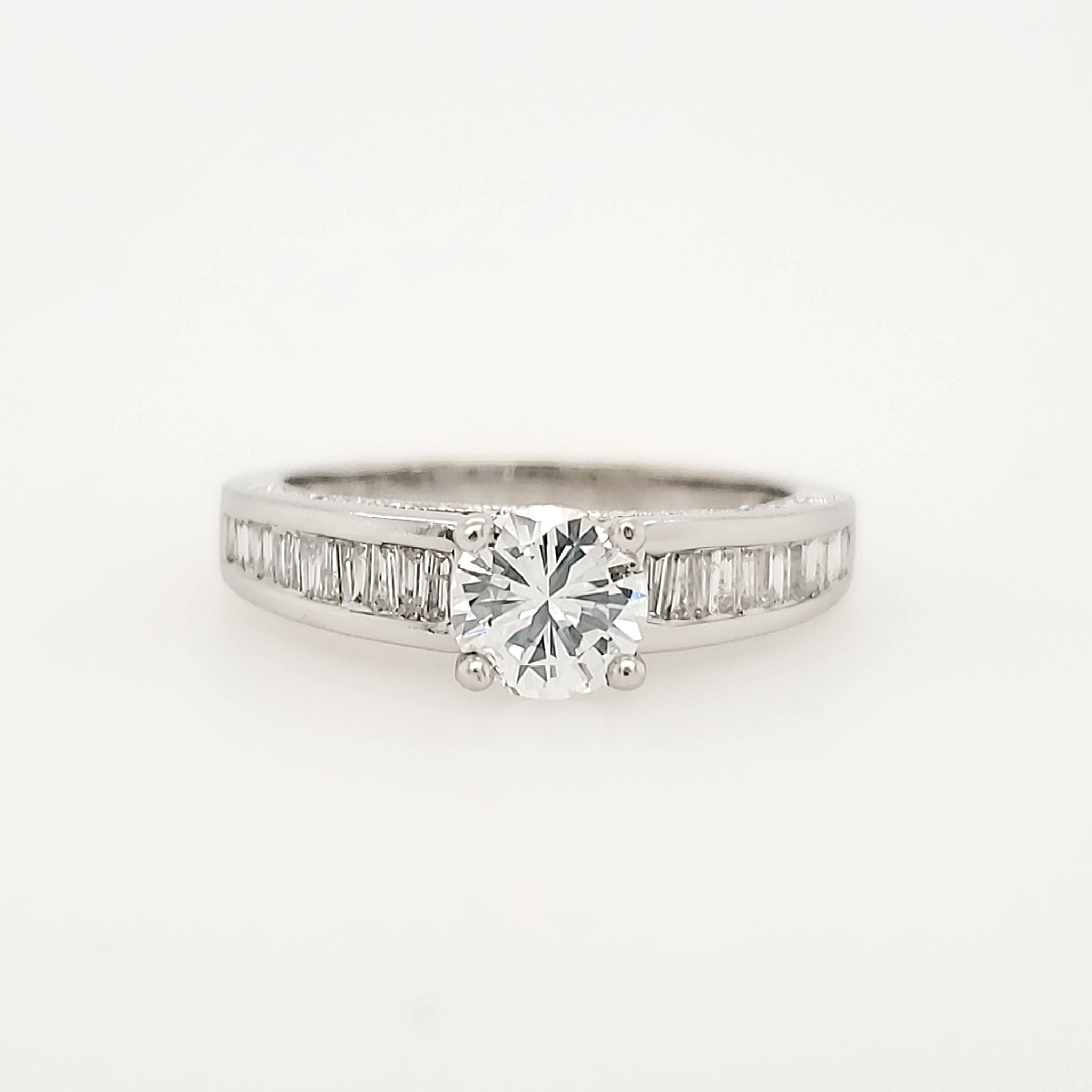 475123 14K WHITE GOLD .98TCW DIAMOND ROUND CENTER AND CHANNEL SET SHANK MILGRAIN DESIGN ENGAGEMENT RING