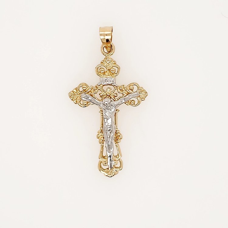 77028 14K 2 TONE 1.85"  FLEUR-DE-LIS INRI  CRUCIFIX