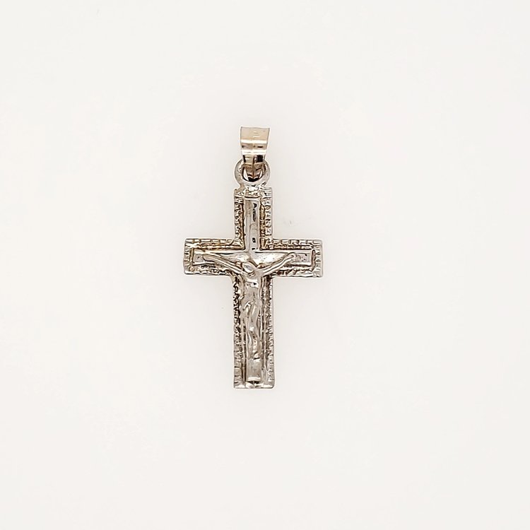 77159 14K WHITE GOLD 0.75" HIGH POLISH TEXTURE EDGES SMALL CRUCIFIX