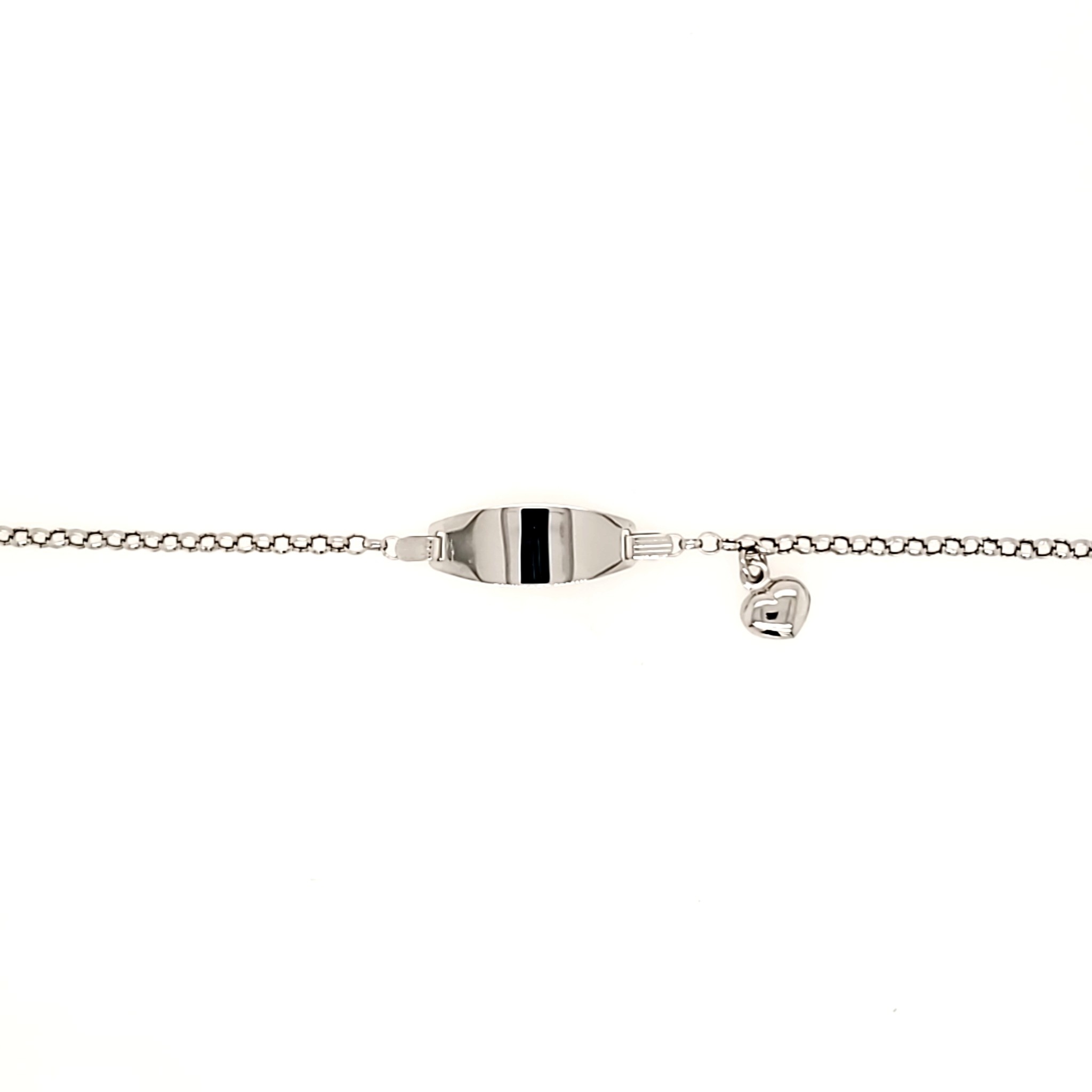 20121 14K WHITE GOLD 6" ROLO LINK NAME ID WITH PUFFY HEART HANGING KIDS BRACELET