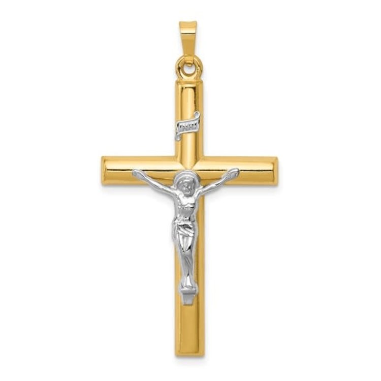 77168 14K 2 TONE 1.40" HIGH POLISH TUBE DESIGN HOLLOW INRI CRUCIFIX