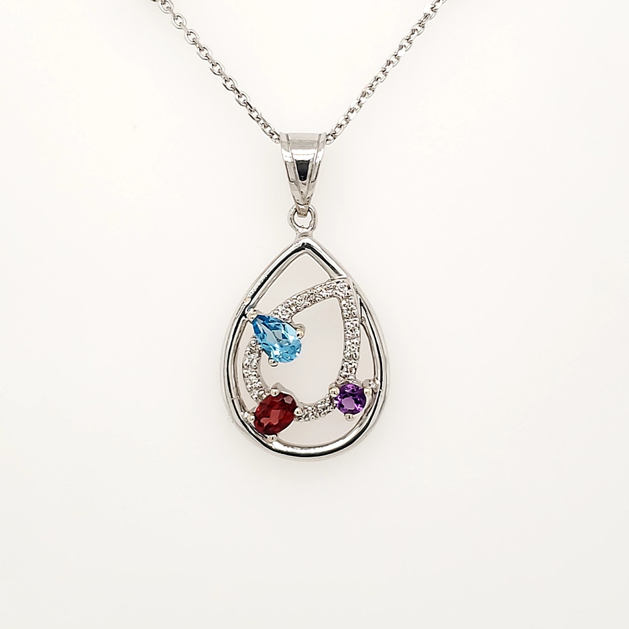 70137 18K WHITE GOLD 0.15CTW DIAMOND OPEN PEAR SHAPE GEMSTONE AMETHYST/GARNETH/BLUE TOPAZ PENDANT NECKLACE