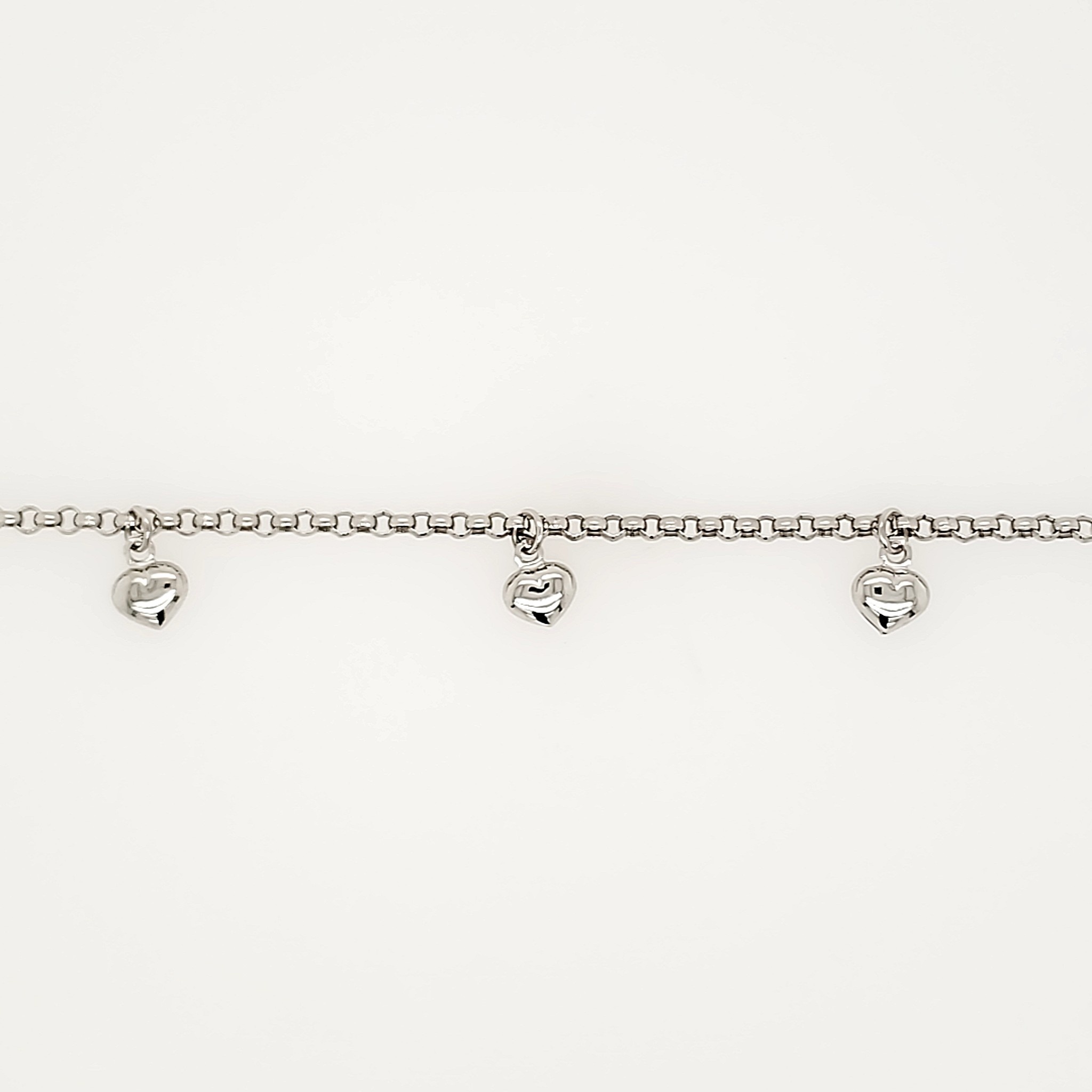 20126 14K WHITE GOLD ROLO LINK WITH PUFFY HEARTS HANGING ANKLET BRACELET