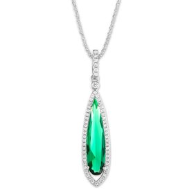 80090 STERLING SILVER  CUBIC ZIRCONIA DARK GREEN  LONG PEAR SHAPE PENDANT NECKLACE