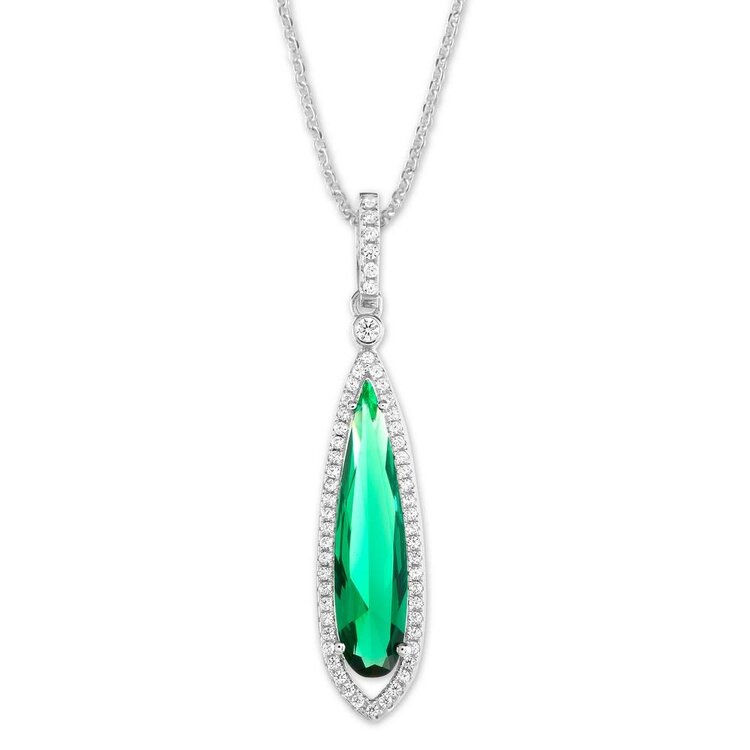 80090 STERLING SILVER  CUBIC ZIRCONIA DARK GREEN  LONG PEAR SHAPE PENDANT NECKLACE