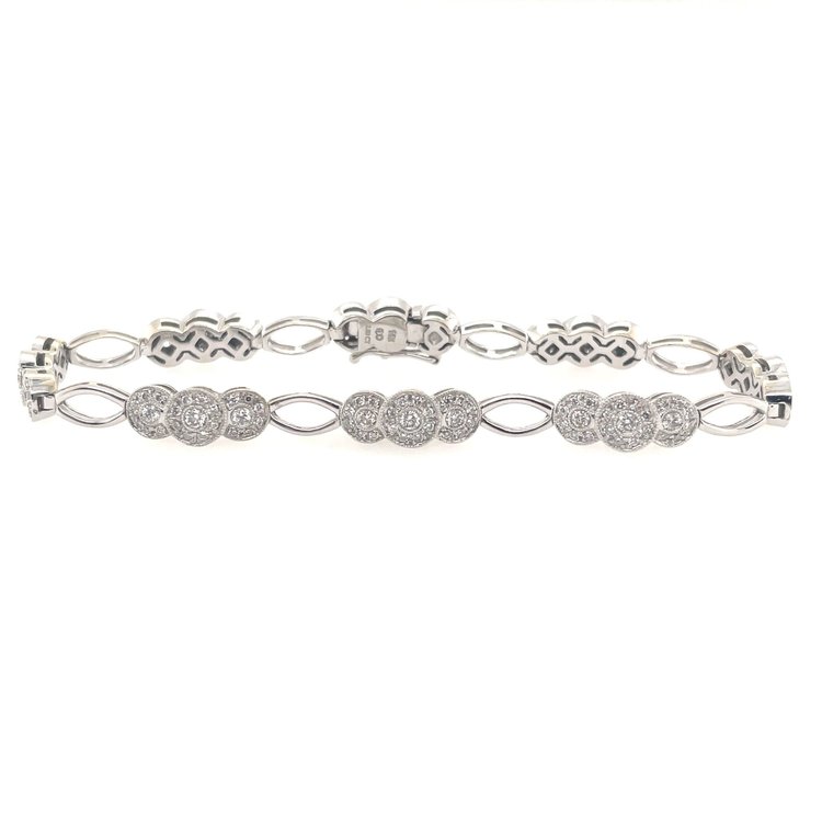 20130 14K WHITE GOLD 2 CT DIAMOND MILGRAIN PAST PRESENT FUTURE ROUND DIAMOND HALO WITH OPEN MARQUIS LINK BRACELET