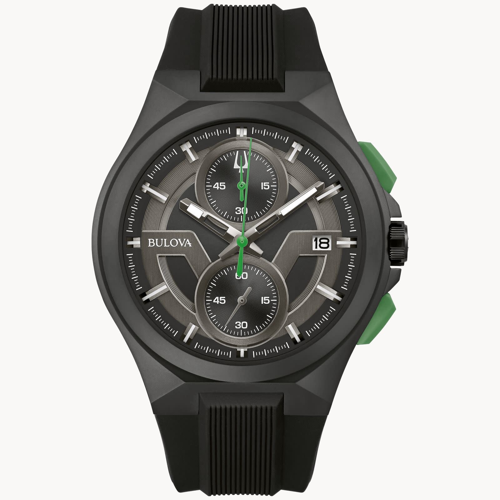 bulova 042429589346 BULOVA MENS MAQUINA CHRONOGRAPH BLACK DIAL GREEN ACCENTS SILICONE STRAP