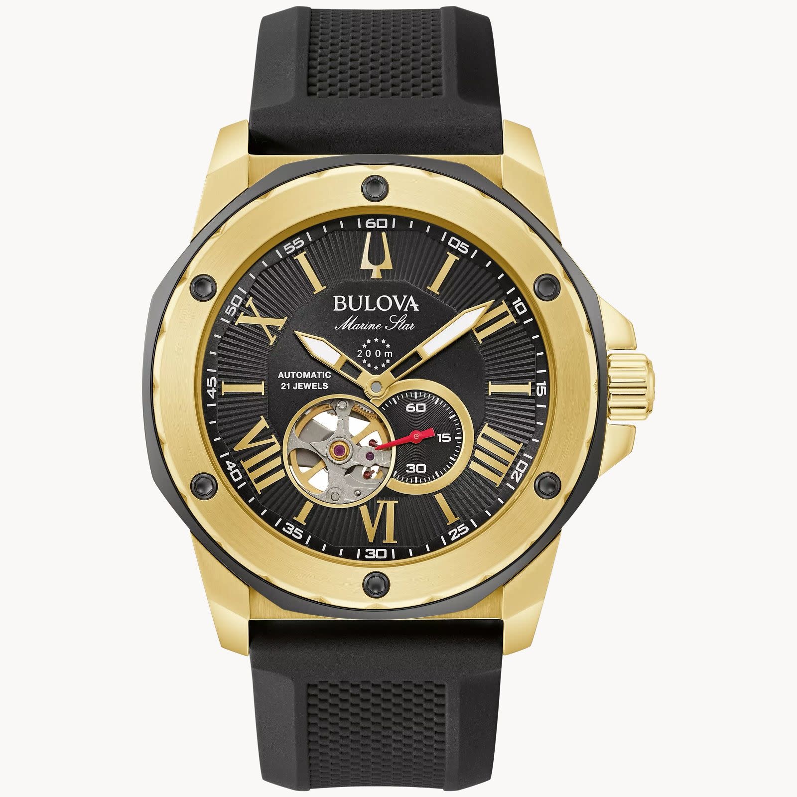 bulova 042429586932 BULOVA MENS MARINE STAR SERIES A GOLD TONE BLACK DIAL AUTOMATIC ON SILICONE STRAP