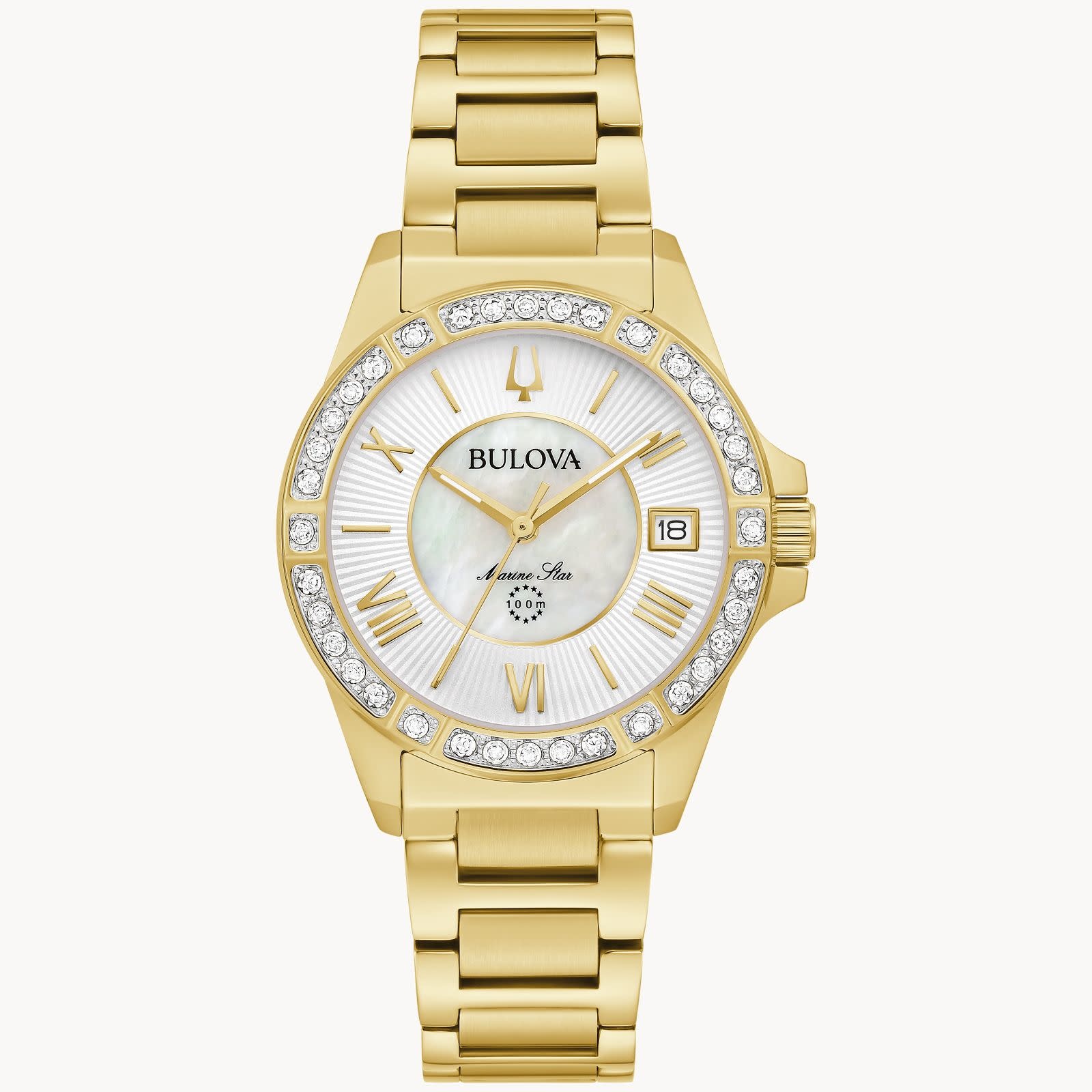 bulova 042429589384 BULOVA LADIES MARINE STAR L SERIES GOLD TONE WHITE DIAL DIAMOND BEZEL