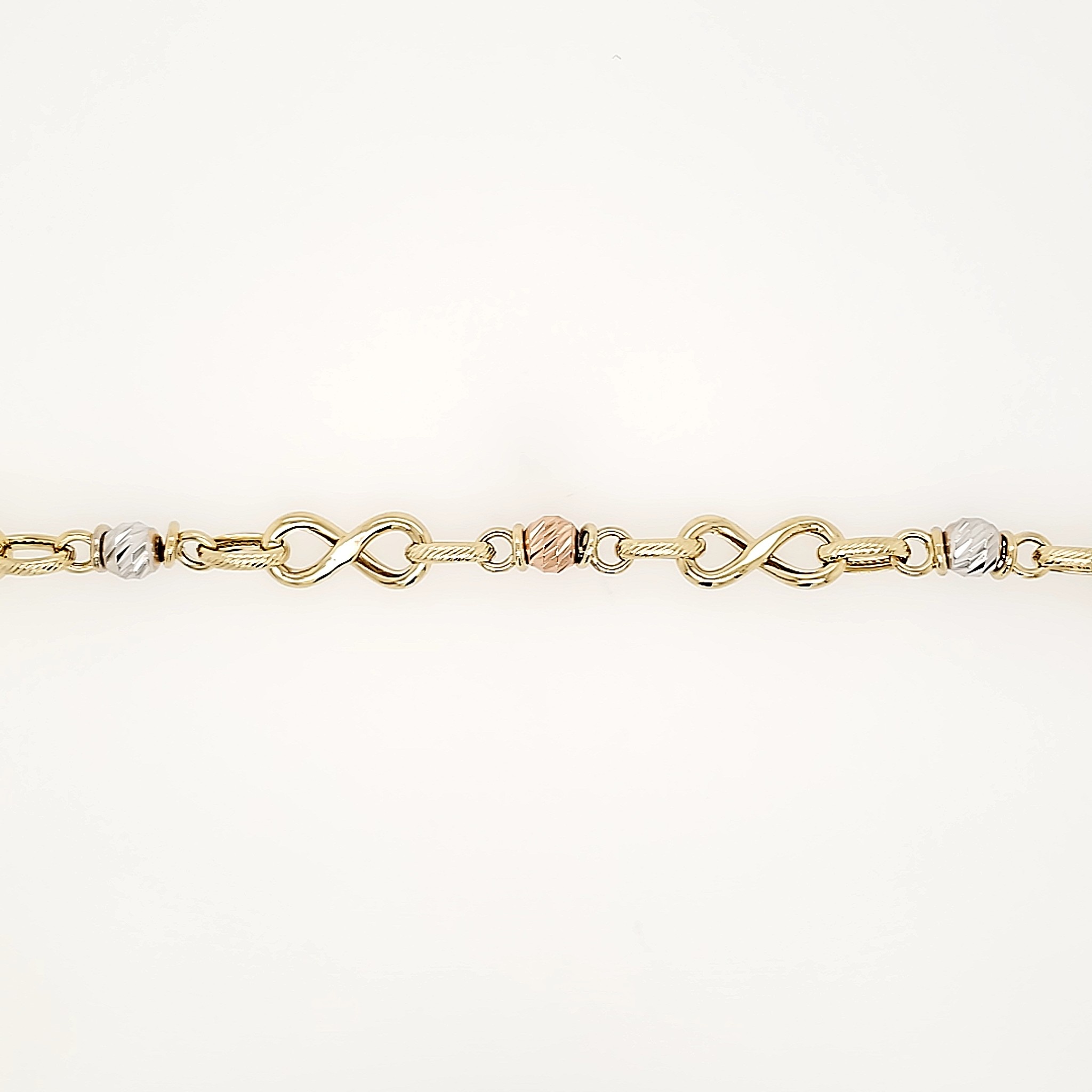 20131 14K 3 TONE HIGH POLISH DIAMOND CUT ROUND AND INFINITY LINK BRACELET