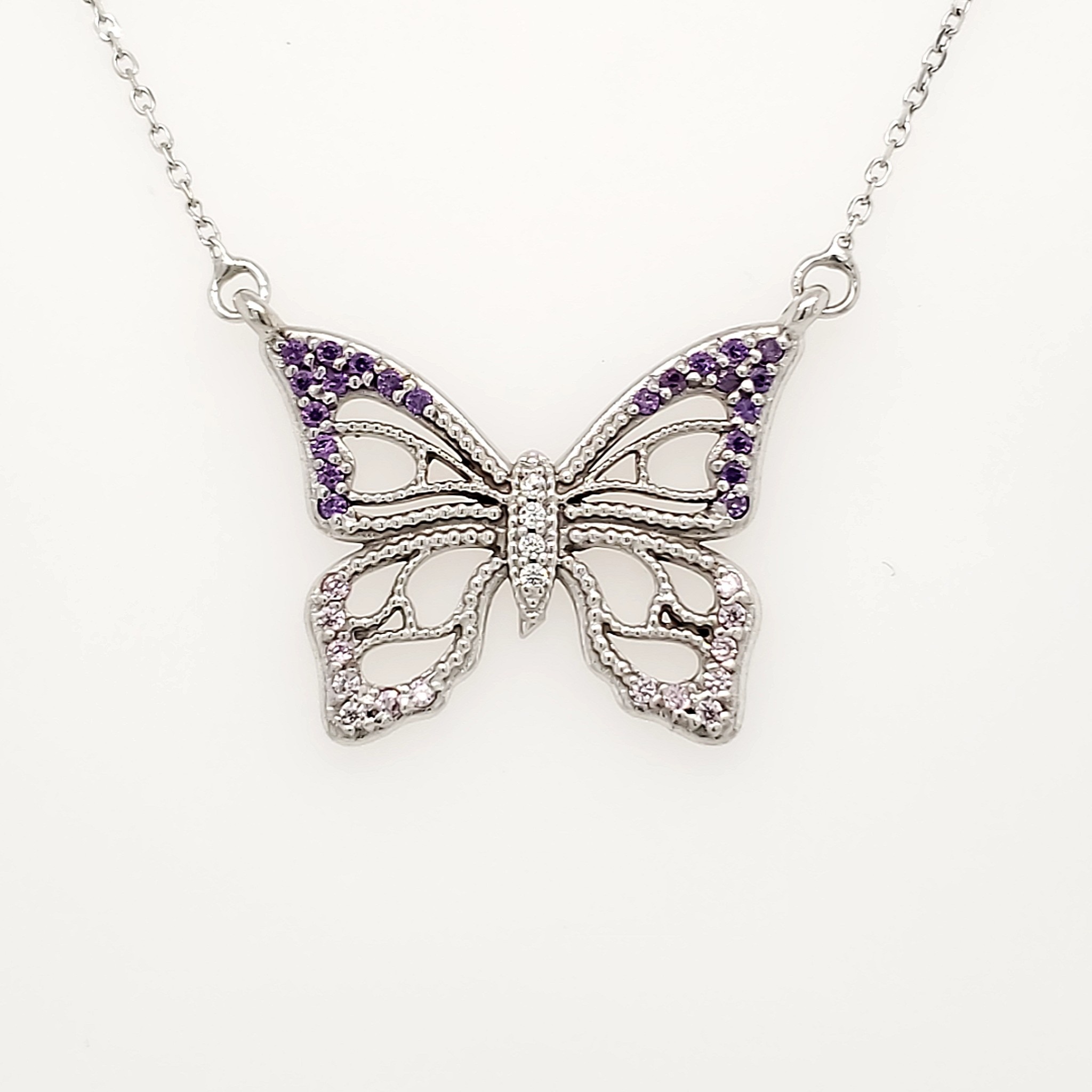 70142 14K WHITE GOLD PURPLE AND PINK CUBIC ZIRCONIA BUTTERFLY PENDANT NECKLACE