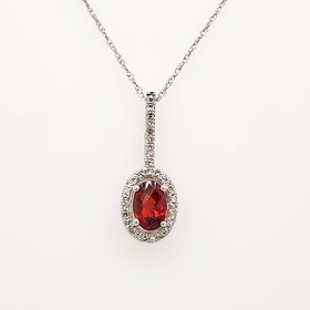 70143 14K WHITE GOLD .10CTW DIAMOND HALO AND BAIL OVAL  GARNET  PENDANT NECKLACE