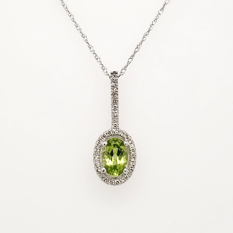 70144 14K WHITE GOLD .10CTW  DIAMOND HALO AND BAIL  OVAL PERIDOT  PENDANT NECKLACE