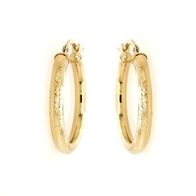 30523 14K YELLOW GOLD 1" 3MM HERRINGBONE DESIGN CUT HOOPS