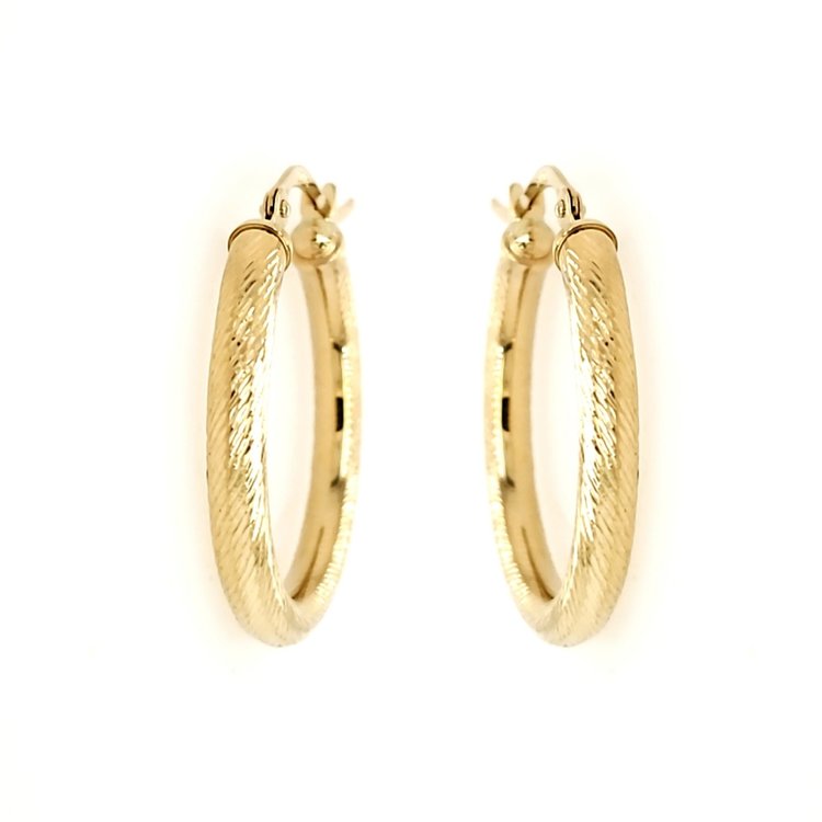 30523 14K YELLOW GOLD 1" 3MM HERRINGBONE DESIGN CUT HOOPS