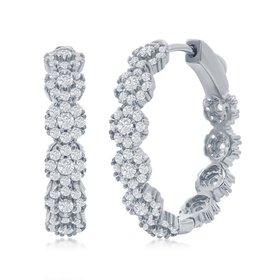 80115 STERLING SILVER 25MM CUBIC ZIRCONIA FLOWER CLUSTER DESIGN HOOPS