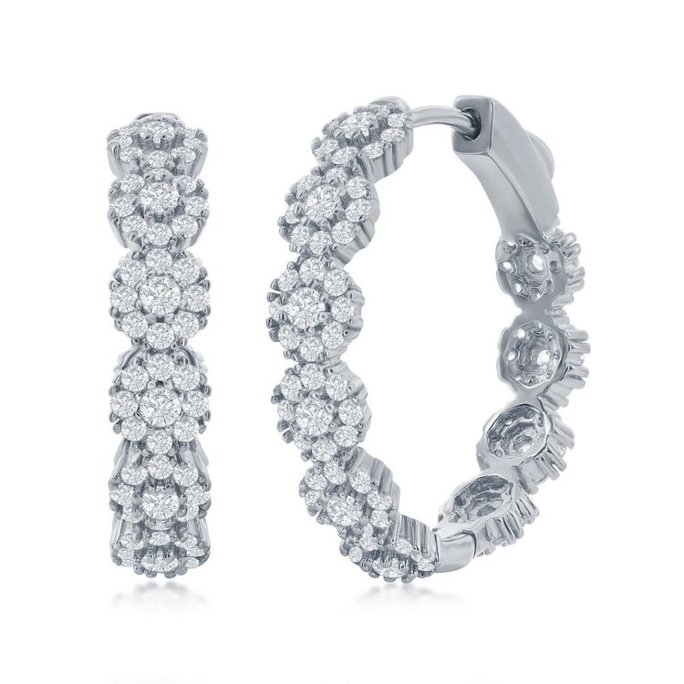 80115 STERLING SILVER 25MM CUBIC ZIRCONIA FLOWER CLUSTER DESIGN HOOPS