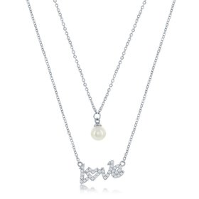 80108 STERLING SILVER CUBIC ZIRCONIA LOVE AND ROUND FRESH WATER PEARL  LAYERED NECKLACE