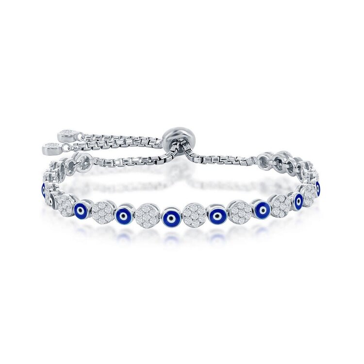 80105 STERLING SILVER CLUSTER CUBIC ZIRCONIA ENAMEL  EVIL EYE  ADJUSTABLE BRACELET