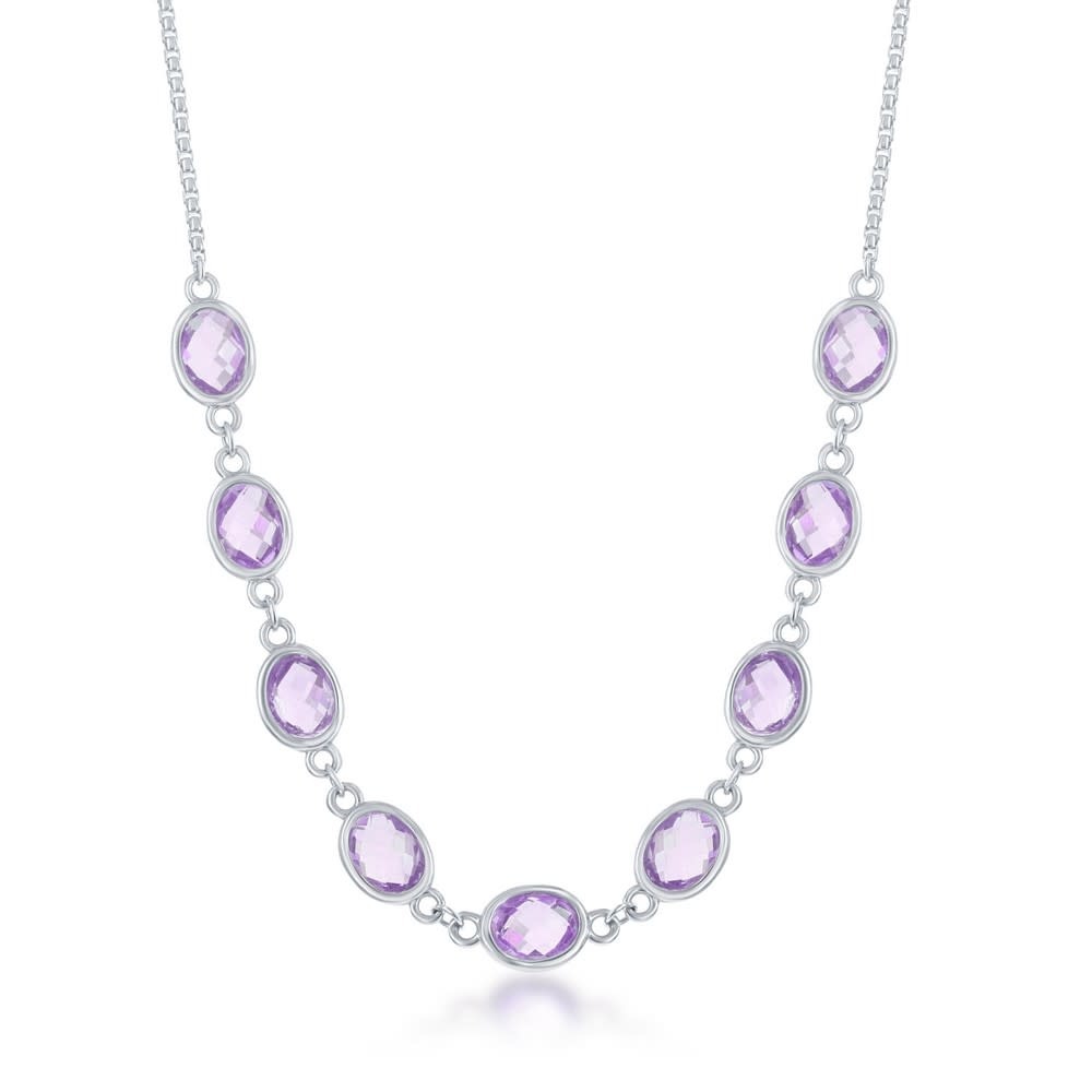 80103 STERLING SILVER OVAL CHECKER BOARD  CUT AMETHYST  LINKED NECKLACE