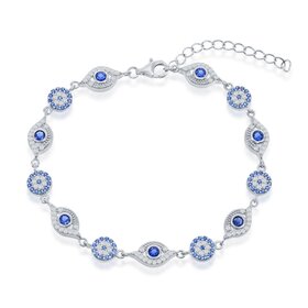 80104 STERLING SILVER WHITE AND BLUE CUBIC ZIRCONIA EVIL EYE BARACELET