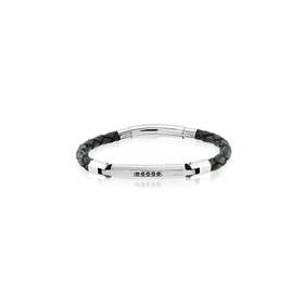 SLB161 ITALGEM STAISNLESS STEEL BLACK LEATHER BLACK CUNBIC ZIRCONIA ADJUSTABLE BRACELET