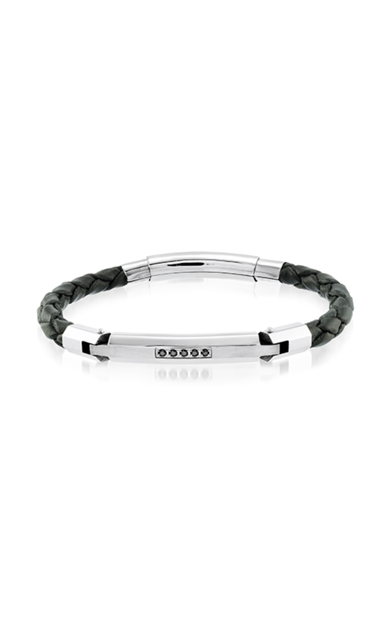SLB161 ITALGEM STAISNLESS STEEL BLACK LEATHER BLACK CUNBIC ZIRCONIA ADJUSTABLE BRACELET