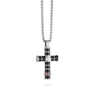 SC138 ITALGEM STAINLESS STEEL ROUND BOX CHAIN WITH BLACK AND ROSE GOLD PLATED BLACK CUBIC ZIRCONIA CROSS
