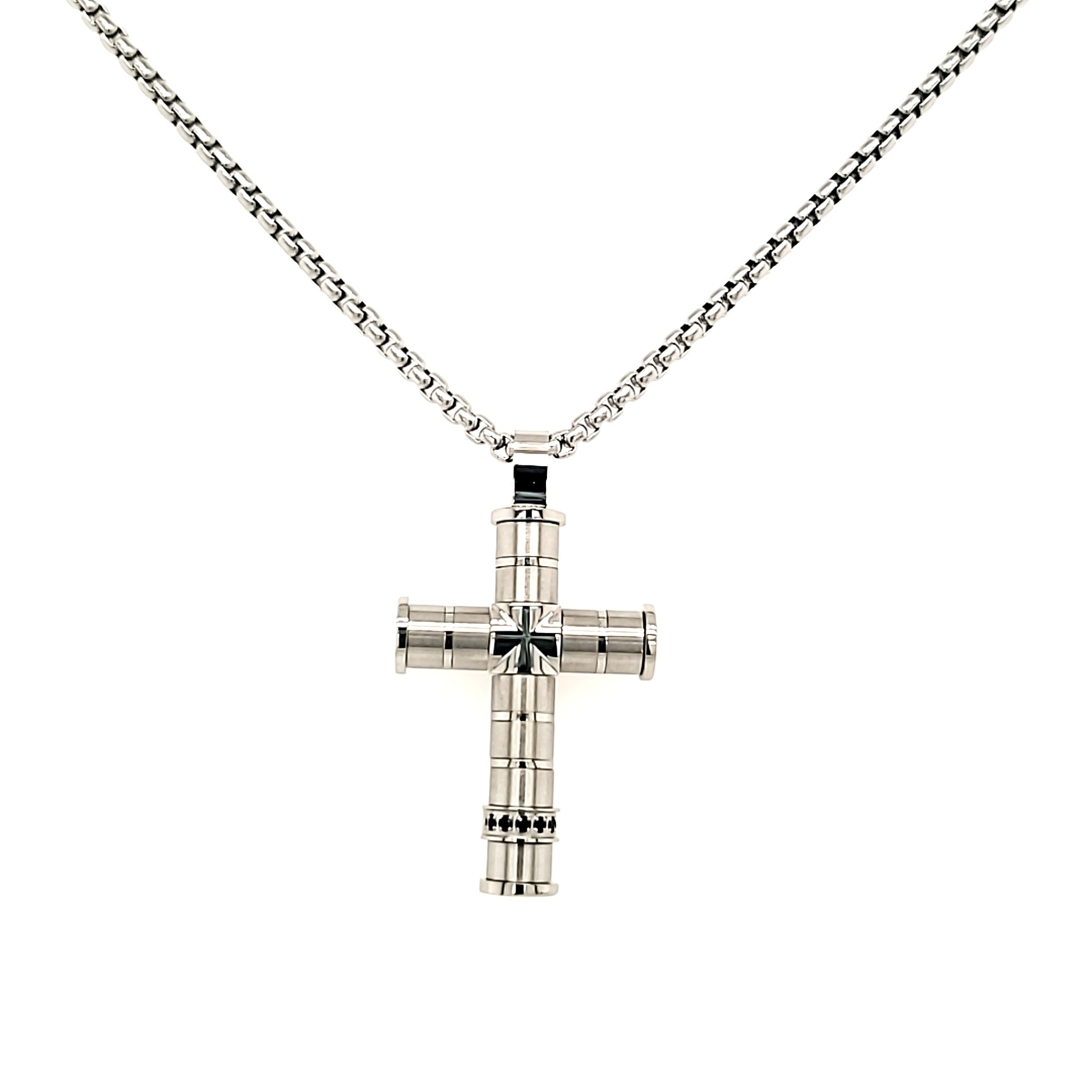 SC120 ITALGEM STAINLESS STEEL 22" ROUND BOX CHAIN WITH BRUSHED POLISH BLACK CUBIC ZIRCONIA CROSS NECKLACE