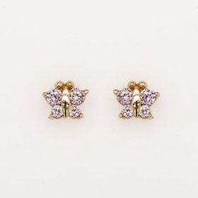 30415 14K YELLOW GOLD PINK CUBIC ZIRCONIA BUTTERFLY SCREWBACKS BABY EARRINGS