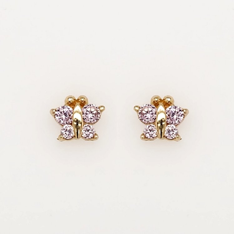 30415 14K YELLOW GOLD PINK CUBIC ZIRCONIA BUTTERFLY SCREWBACKS BABY EARRINGS