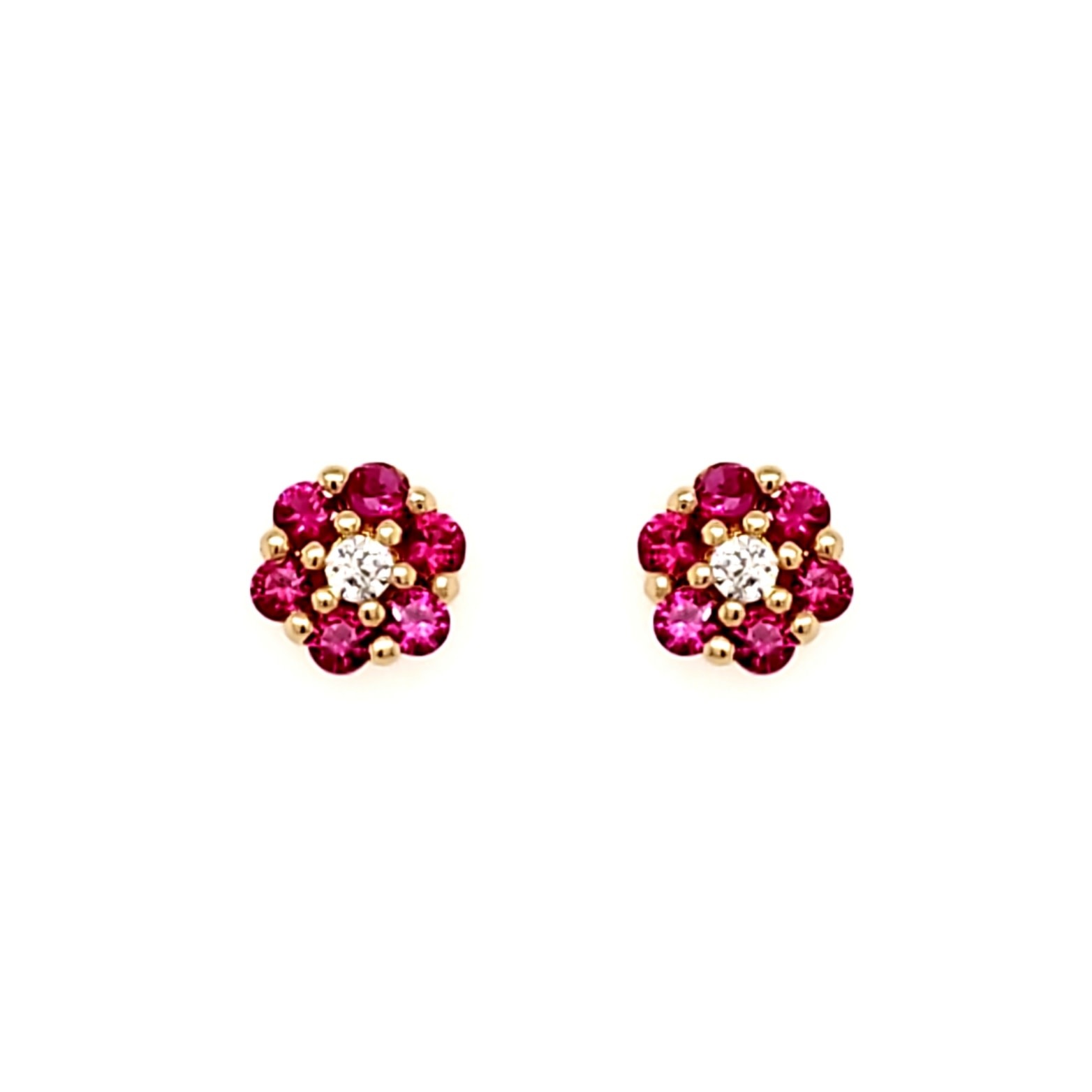 30439 14K YELLOW GOLD RED FLOWER CUBIC ZIRCONIA SCREWBACK BABY EARRINGS