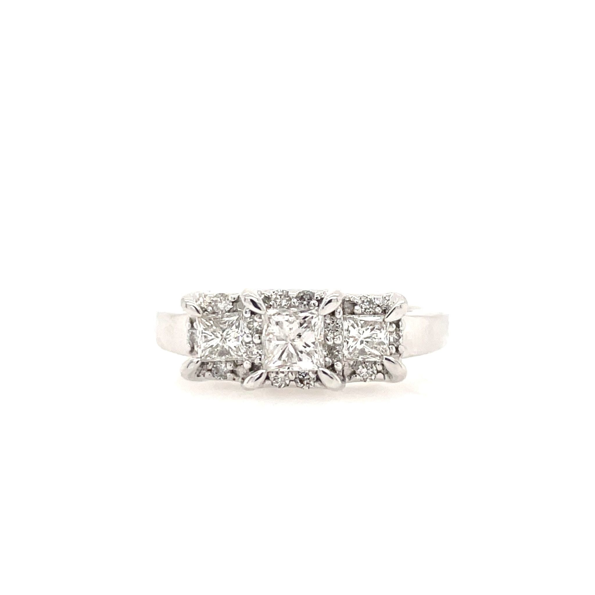 475051 14K WHITE GOLD 1 CT DIAMOND PRINCESS CUT PAST PRESENT FUTURE HALO DESIGN ENGAGEMENT RING