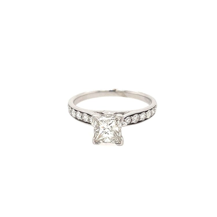 475050 14K WHITE GOLD 1.23 CT G VS2 PRINCESS CUT DIAMOND CENTER WITH COMMON PRONG CHANNEL SET ENGAGEMENT RING