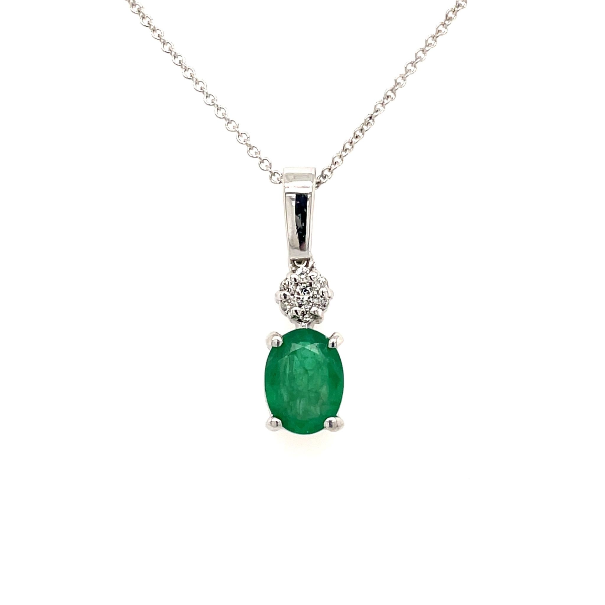 70146 14K WHITE GOLD OVAL EMERALD DIAMOND CLUSTER PENDANT SET