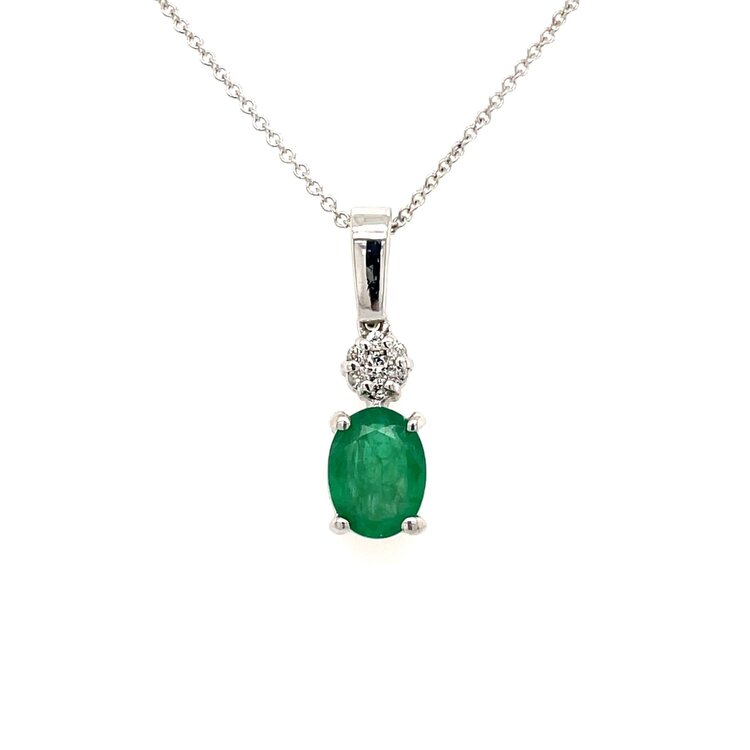 70146 14K WHITE GOLD OVAL EMERALD DIAMOND CLUSTER PENDANT SET