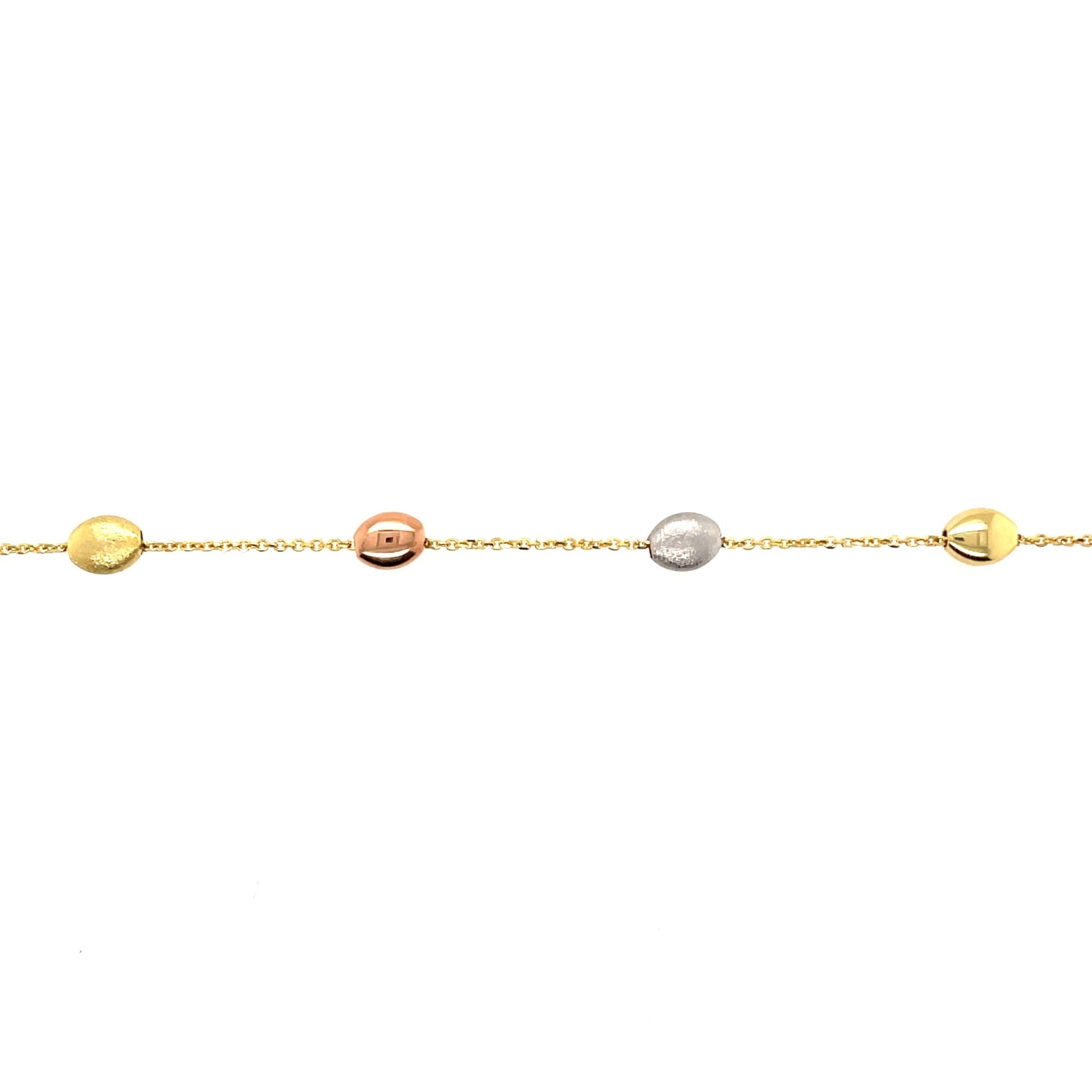 20146 14K TRICOLOR CABLE LINK SATIN AND HIGH POLISH BEADS ANKLET BRACELET