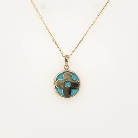 70157 14K YELLOW GOLD TURQUOISE FLOWER ROUND PENDANT NECKLACE