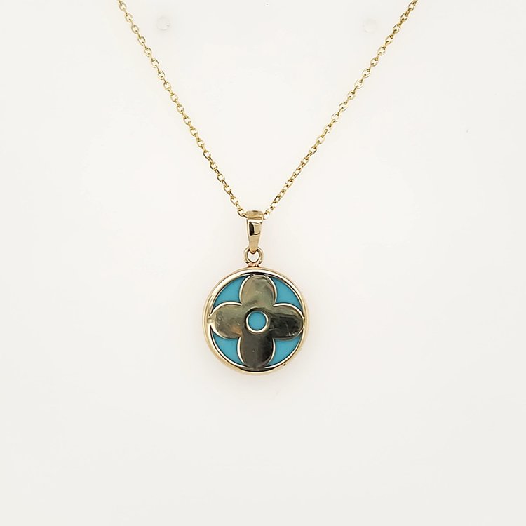 70157 14K YELLOW GOLD TURQUOISE FLOWER ROUND PENDANT NECKLACE