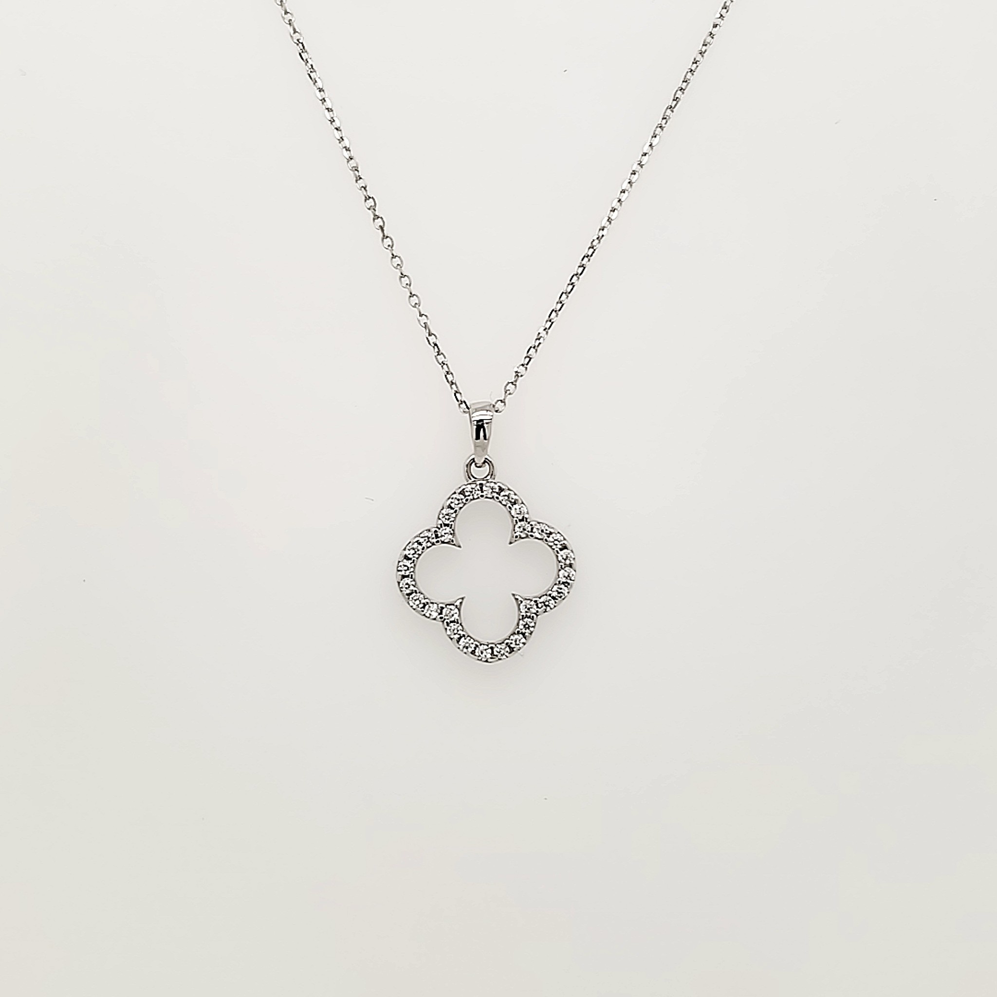 70150 14K WHITE GOLD OPEN CLOVER TURQUOISE WHITE CUBIC ZIRCONIA PENDANT NECKLACE REVERSIBLE