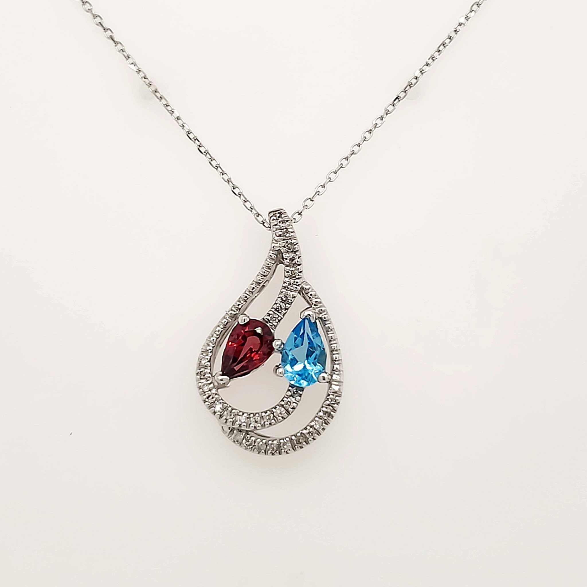 70162 14K WHITE GOLD .20CTW DIAMOND OPEN PEAR SHAPE GARNET AND BLUE TOPAZ PENDANT NECKLACE